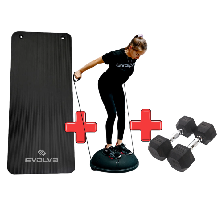 Evolve treniruočių kilimėlis 140 cm + balansinė pagalvė + hanteliai 2 x 2,5kg KARTU PIGIAU