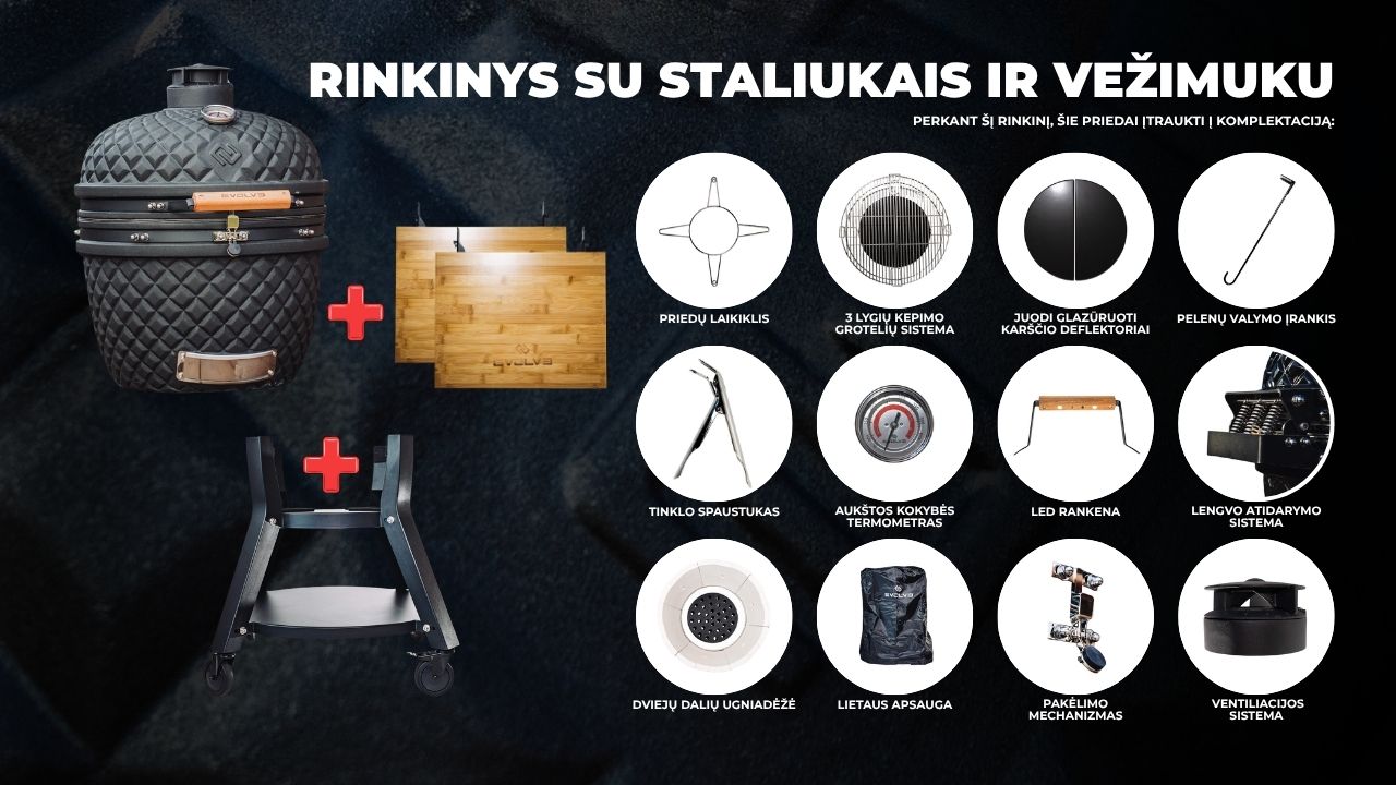 Evolve Kamado The Beast su bambukiniais staliukais ir vežimuku